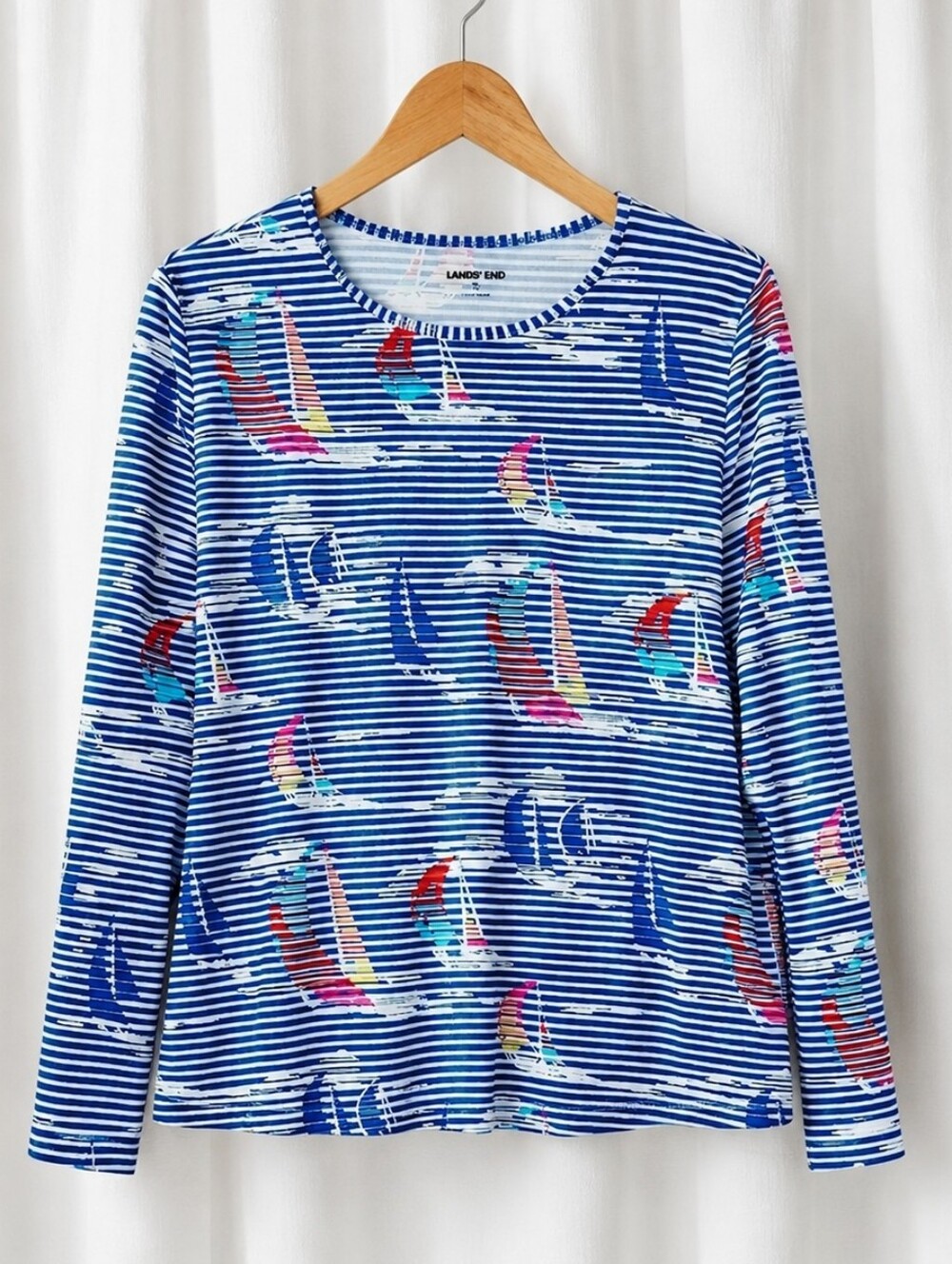 Lands' End Rash Guard UPF 50 Blue Stiped Sailboat Long Sleeve Stretch Swim Top